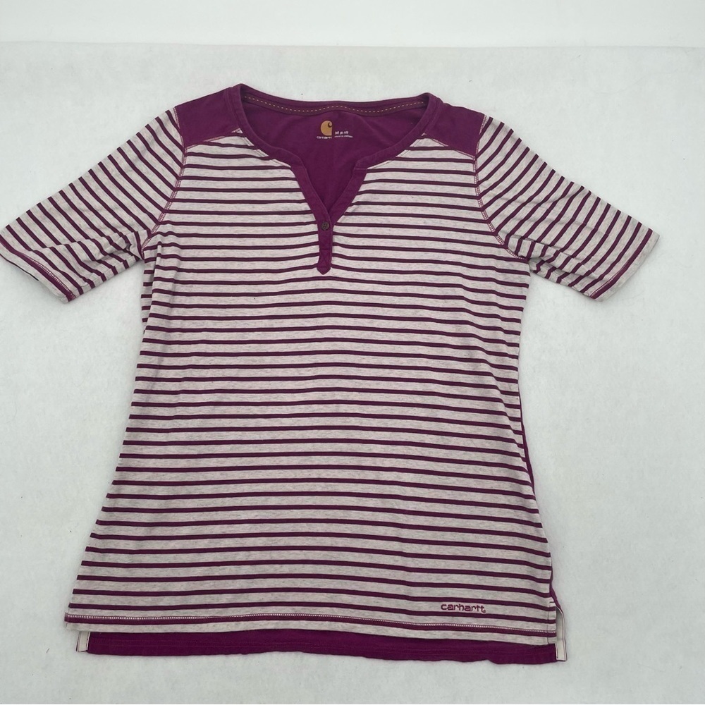 CARHARTT Women’s Purple/cream stripe V-neck short sleeved shirt size Medium 8/10